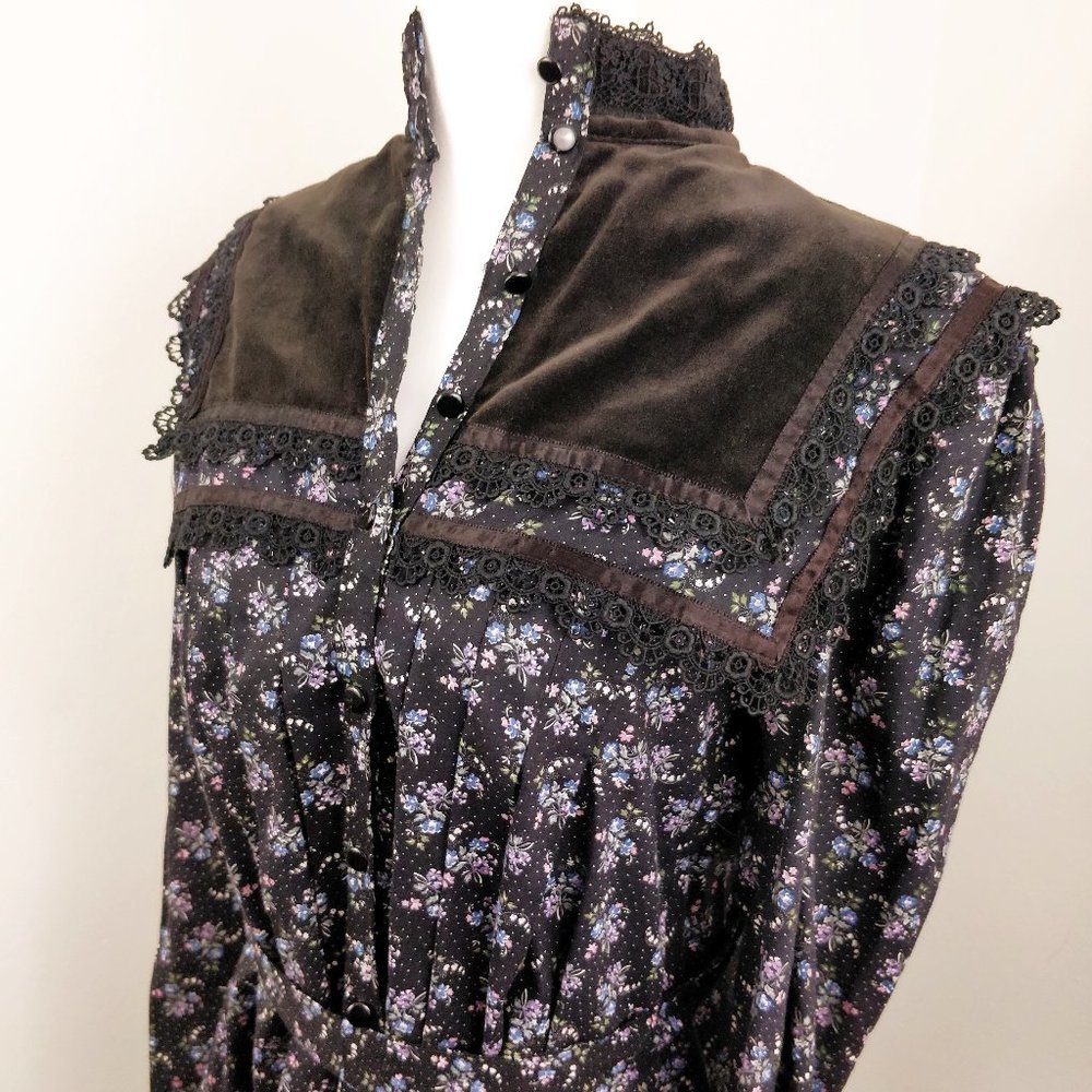 Gunne Sax Black Calico Floral Velvet Button Dress Gunnie RARE Dark moody - Picture 5 of 16